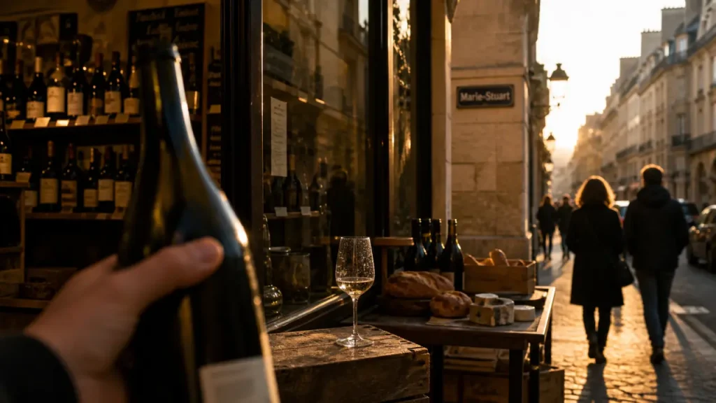 16 rue marie stuart 75002 paris : bouteille de vin devant un caviste