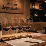 Atelier dégustation vin paris : verres et fiche de dégustation sur table