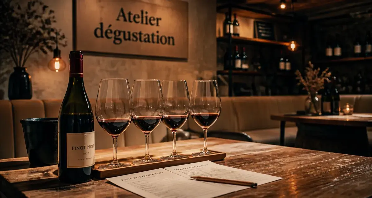 Atelier dégustation vin paris : verres et fiche de dégustation sur table