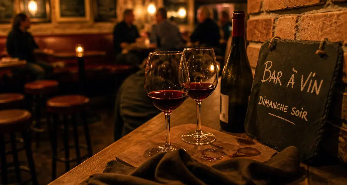 bar à vin dimanche paris : deux verres de vin rouge, ardoise et ambiance
