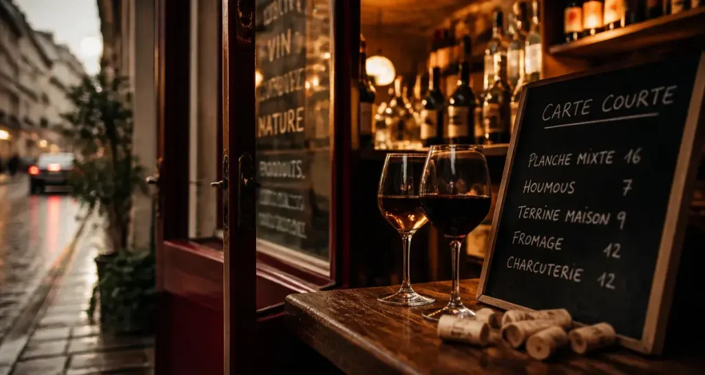 Bar à vin quartier paris : comptoir de cave, verres et ardoise dans une rue secondaire