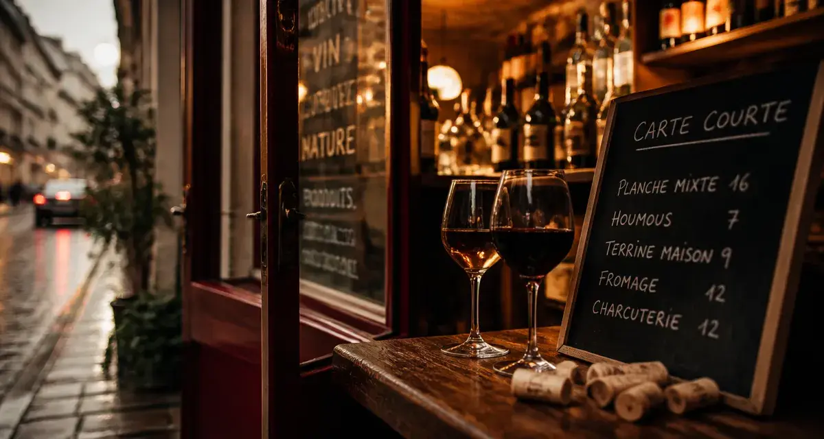 Bar à vin quartier paris : comptoir de cave, verres et ardoise dans une rue secondaire