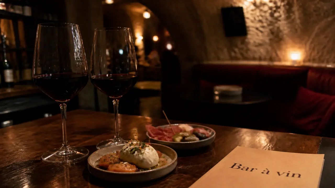 Bar à vin romantique paris : table calme à deux, verres de vin rouge