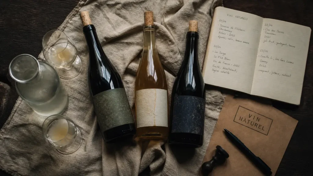 Cave a vin naturel paris : bouteilles vivantes sur table bois