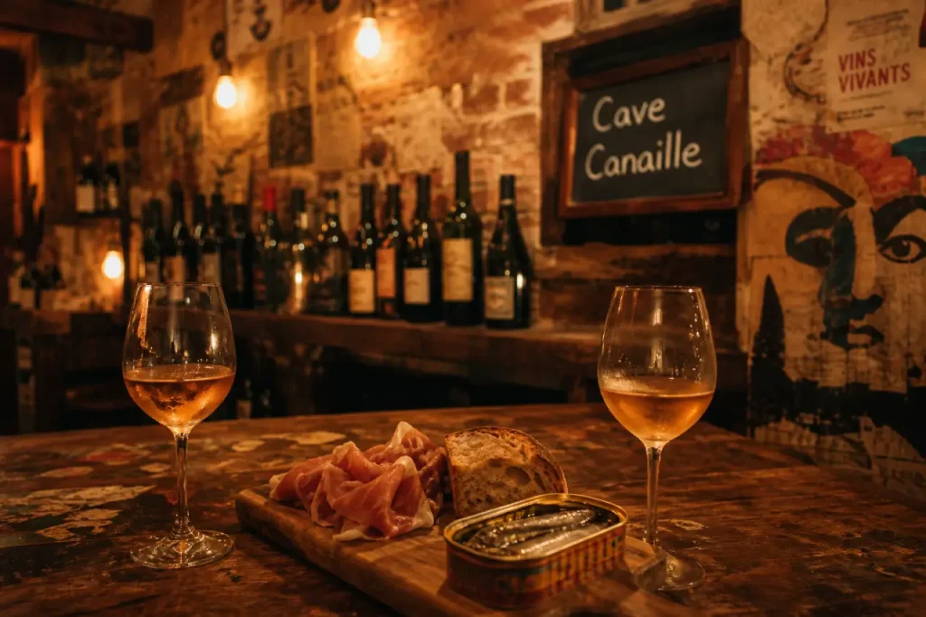 cave canaille à Paris : table en bois, vins francs et assiettes à partager