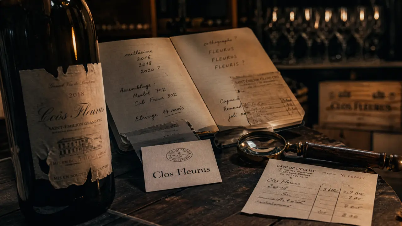 cave clos fleurus : bouteille de vin mal conservée, étiquette froissée et loupe