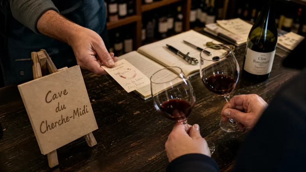 La cave du cherche midi : caviste aide à choisir une bouteille, étiquette et comptoir
