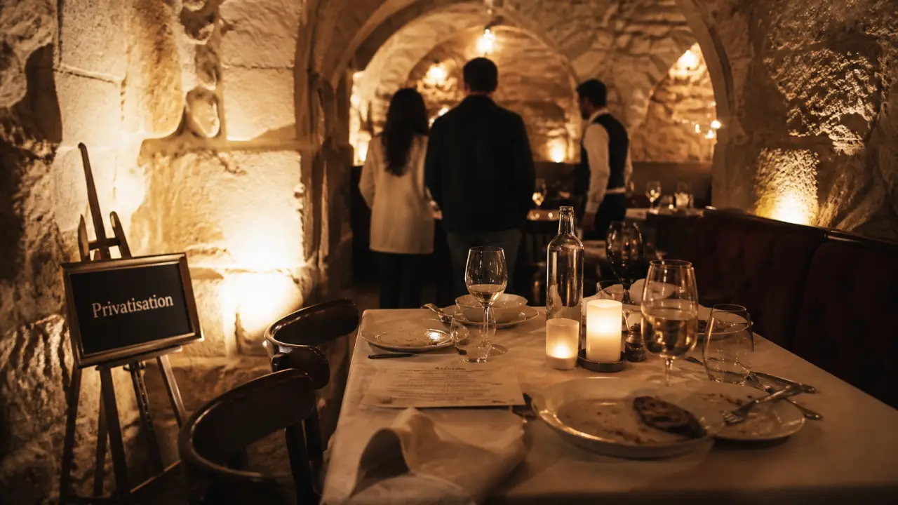 Caveau parisien voûté : table et bougies, ambiance soirée