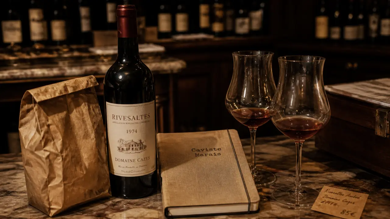 Caviste marais paris : bouteille de vin, carnet et verres tulipe