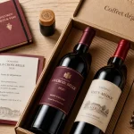Coffret vin en carton : bouteilles et fiche de dégustation sur table bois claire