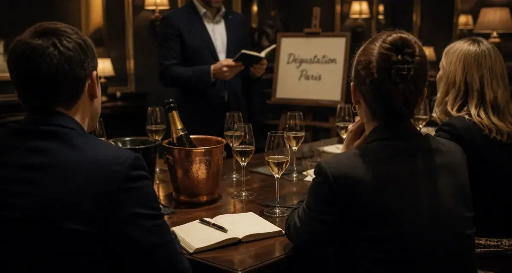 Dégustation champagne paris : verres de champagne en salle à Paris