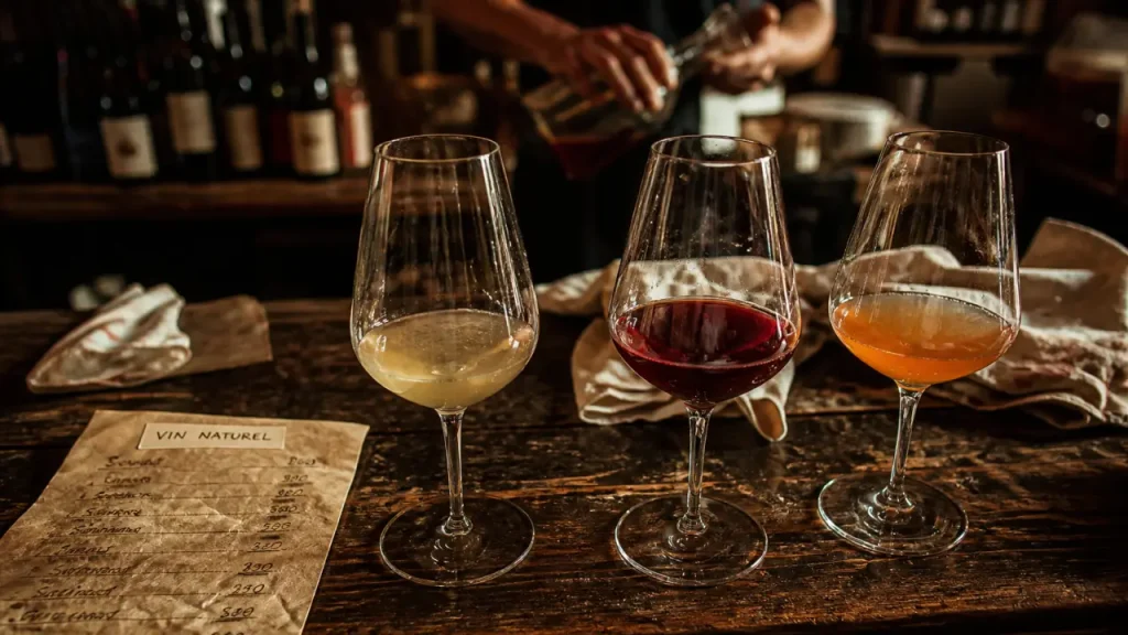 Dégustation vin naturel paris, verres sur comptoir, vin trouble
