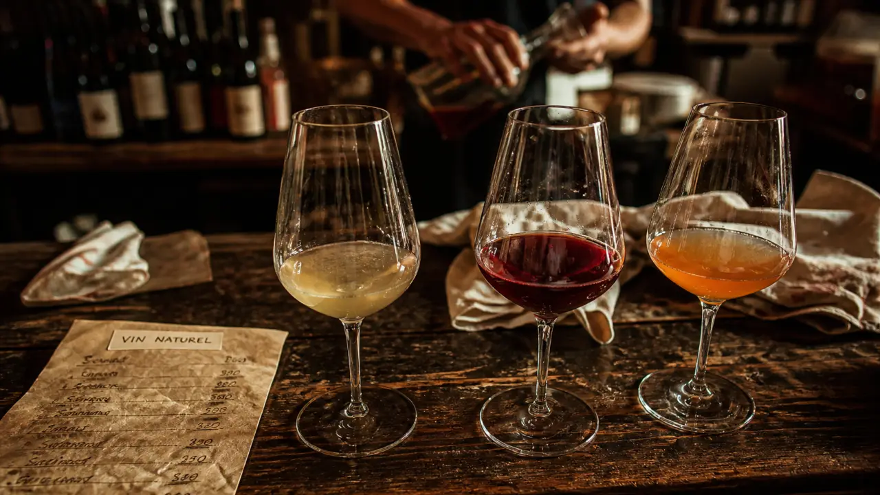 Dégustation vin naturel paris, verres sur comptoir, vin trouble