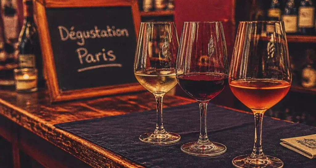 Dégustation vin Paris en bar à vin : trois verres sur table