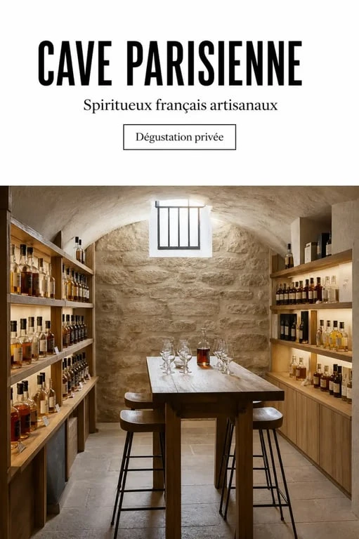 Intérieur de cave de vie à Paris avec spiritueux artisanaux et table de dégustation