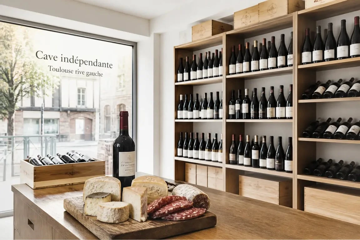 cave rive gauche à Toulouse, intérieur d’une cave à vins avec bouteilles, fromages et charcuteries