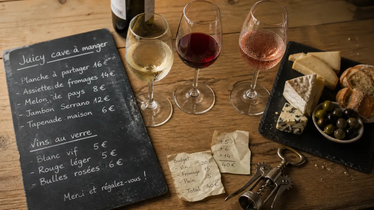 Juicy cave à manger : menu mouvant et vins au verre sur table