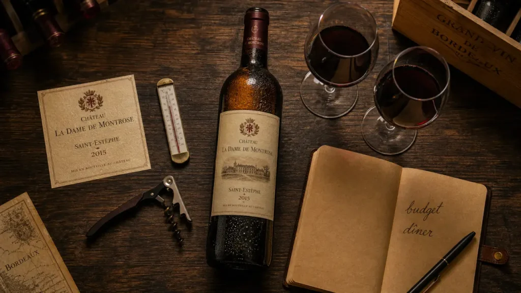 La cave du senat : bouteille de vin, verres et tire-bouchon