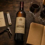La cave du senat : bouteille de vin, verres et tire-bouchon