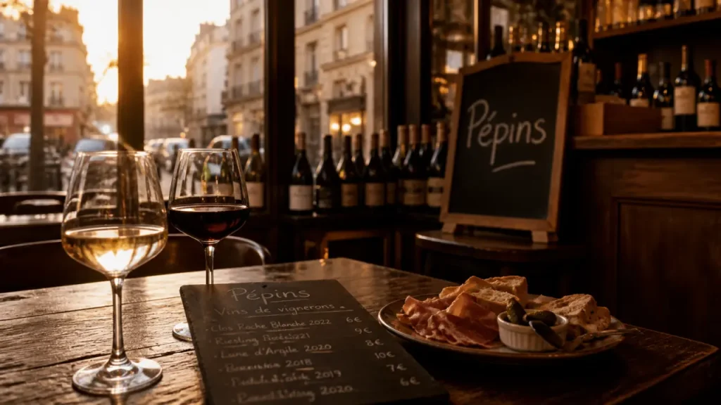 Pépins, restaurant bar à vin paris : intérieur et verres de vin