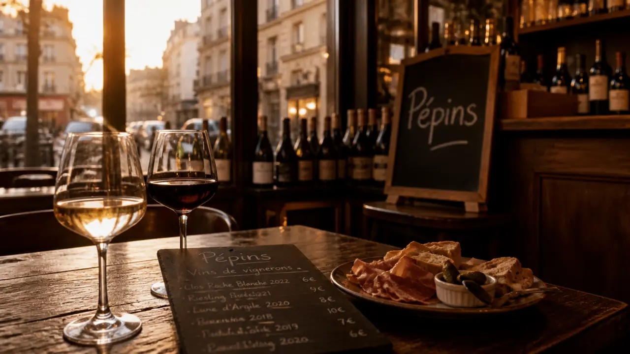 Pépins, restaurant bar à vin paris : intérieur et verres de vin