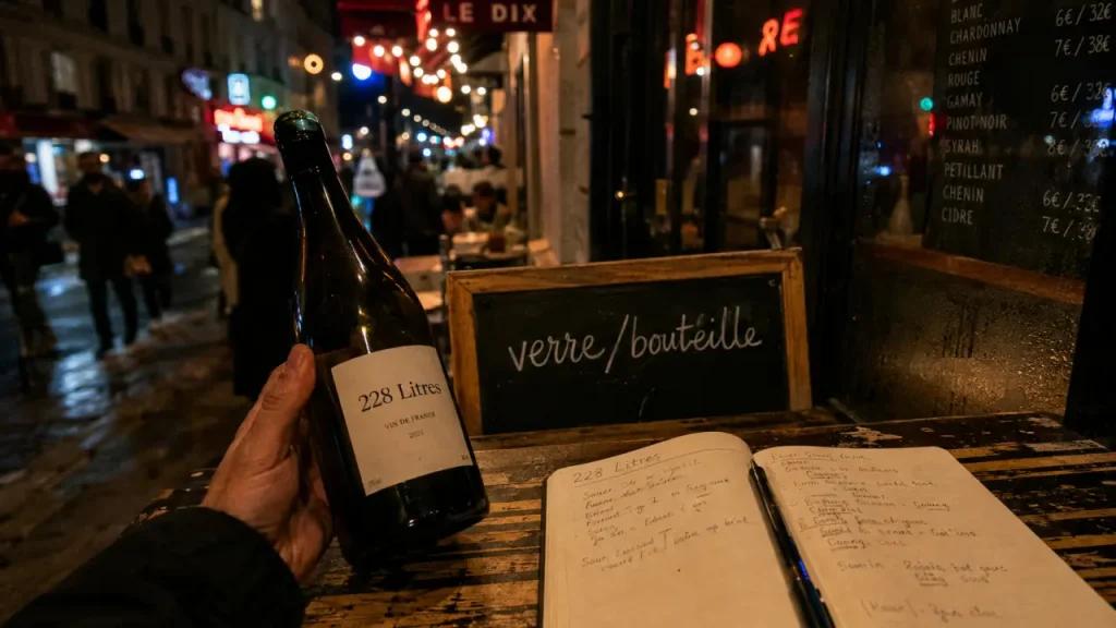 228 litres rue Victor Massé : bouteille et ardoise bar à vin