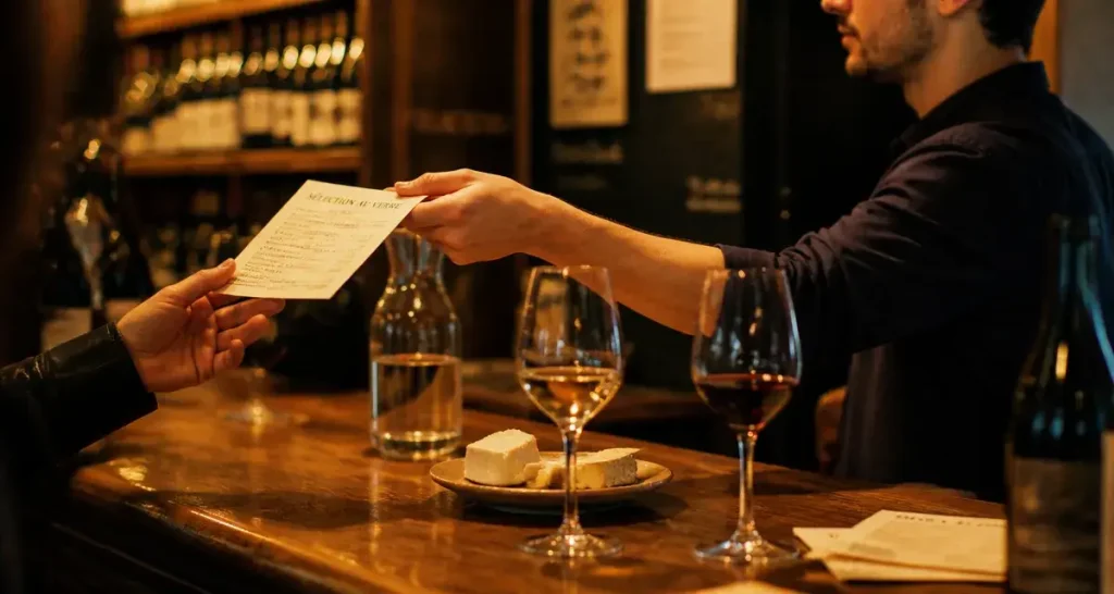 Bar à vin Paris 8 : comptoir en bois et verres de dégustation