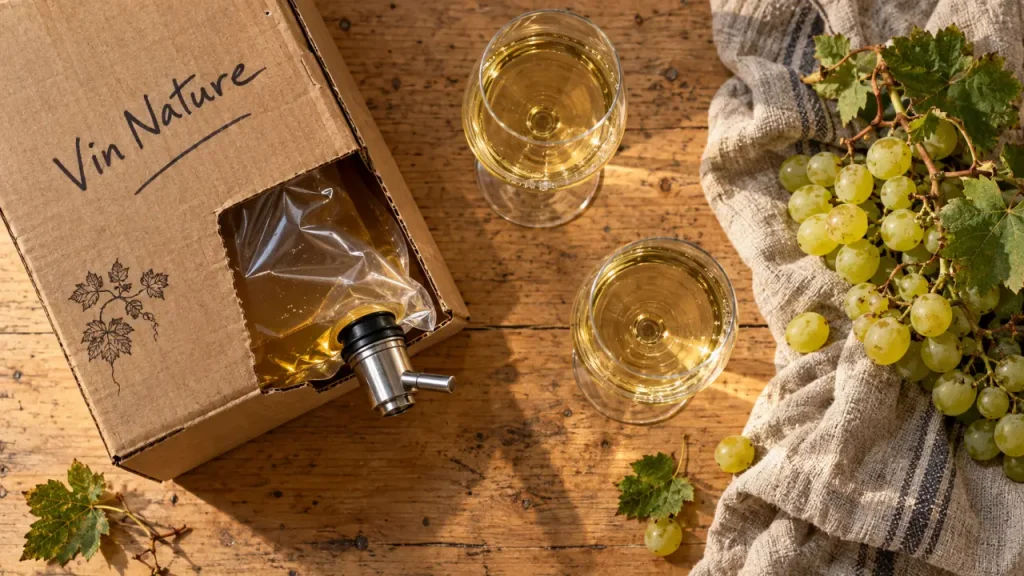 Bib vin nature : poche ouverte, robinet et verres, pour la conservation