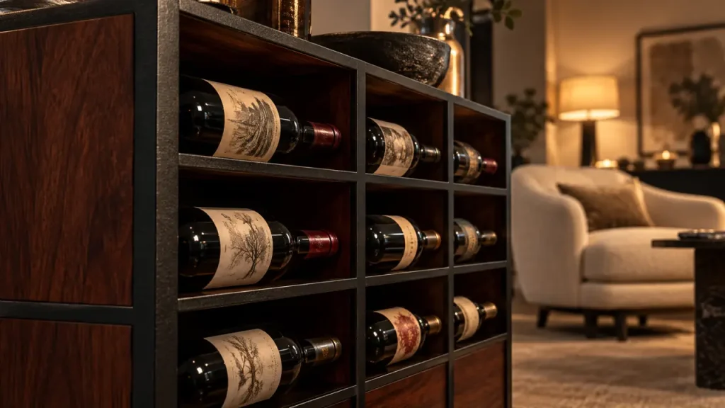 Casier a vin design métal noir et panneaux de bois sombre