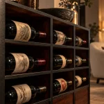 Casier a vin design métal noir et panneaux de bois sombre