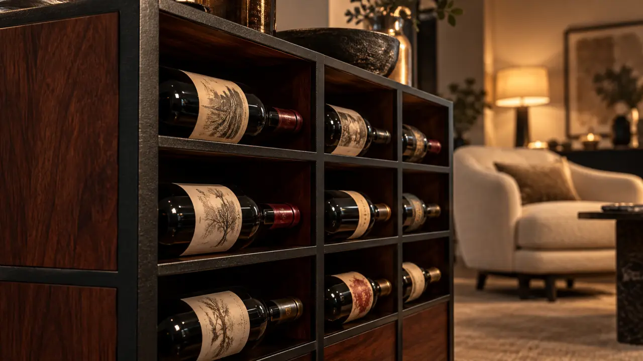 Casier a vin design métal noir et panneaux de bois sombre