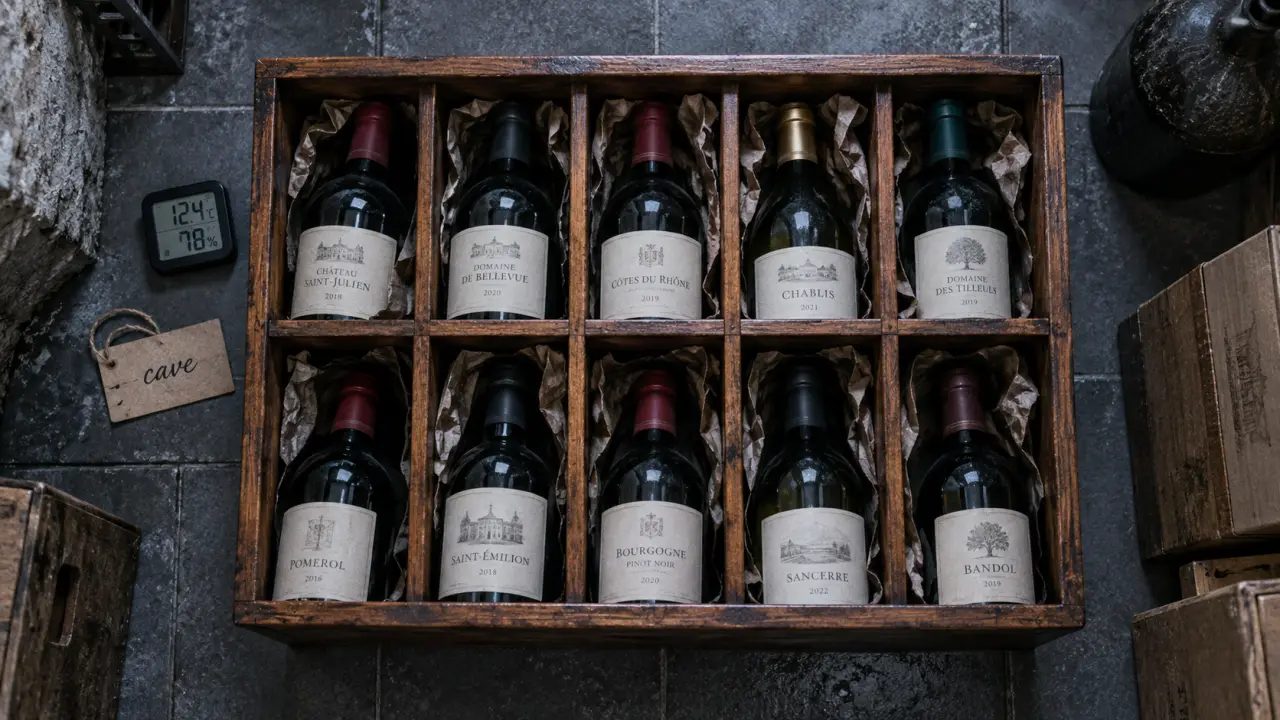 Casier cave à vin en bois avec bouteilles de vin