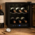 cave a vin 6 bouteilles thermoelectrique, porte vitrée et LED, température stable