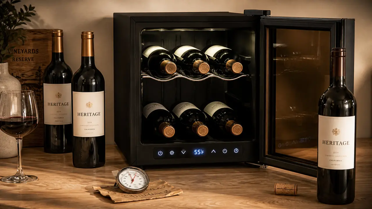 cave a vin 6 bouteilles thermoelectrique, porte vitrée et LED, température stable