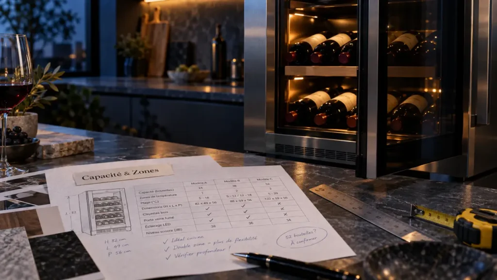 cave a vin caviss ouverte, bouteilles et compartiments, modèle compact sans bruit