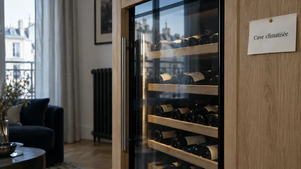 Cave à vin climatisée à Paris, bouteilles stables malgré chauffage, encastrée en niche.