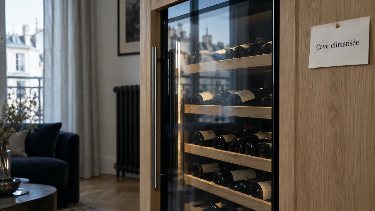 Cave à vin climatisée à Paris, bouteilles stables malgré chauffage, encastrée en niche.