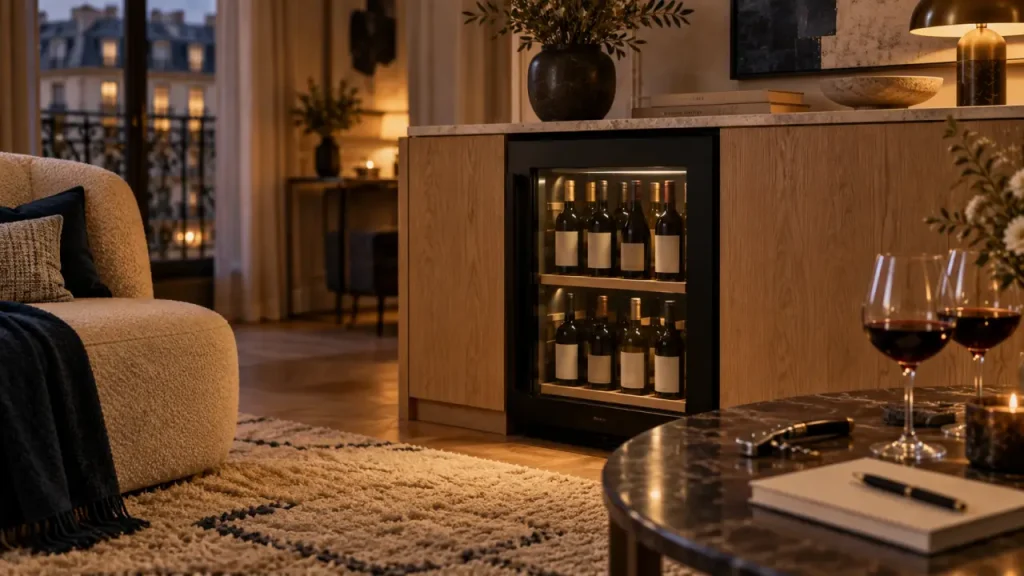 Cave à vin déco salon encastrée noire mate, bouteilles et porte vitrée fumée