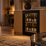 Cave à vin déco salon encastrée noire mate, bouteilles et porte vitrée fumée