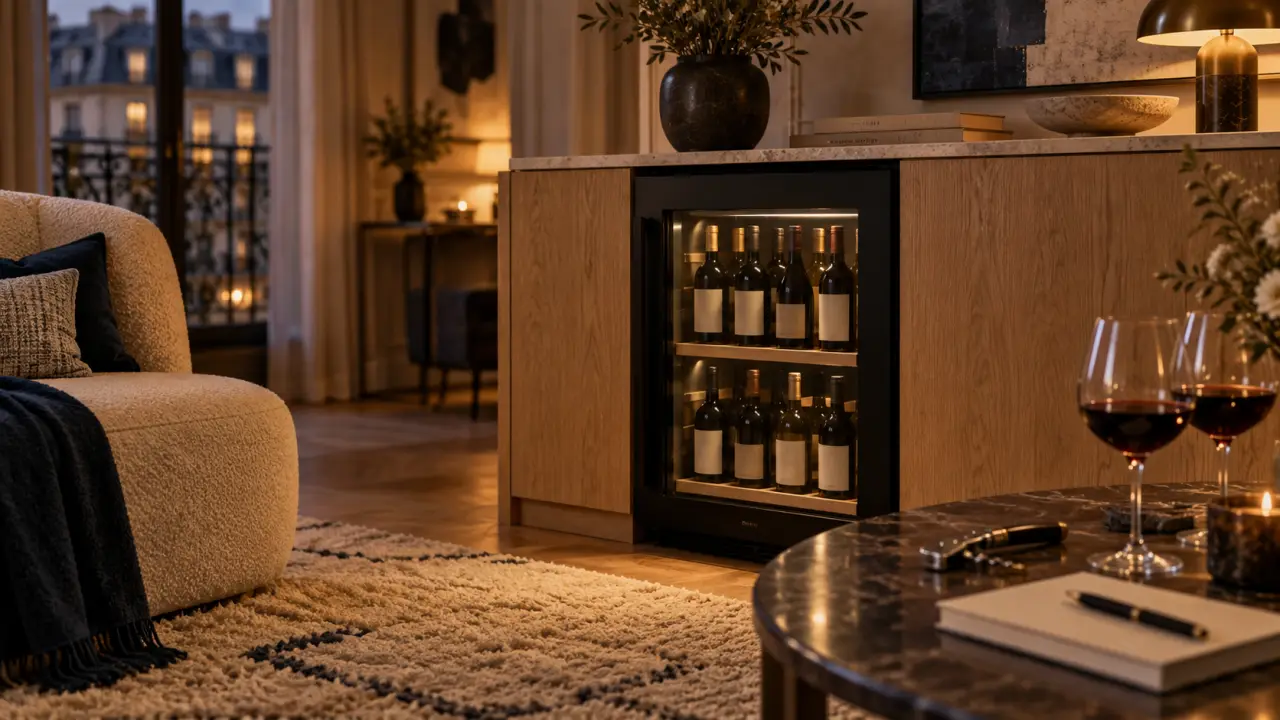 Cave à vin déco salon encastrée noire mate, bouteilles et porte vitrée fumée