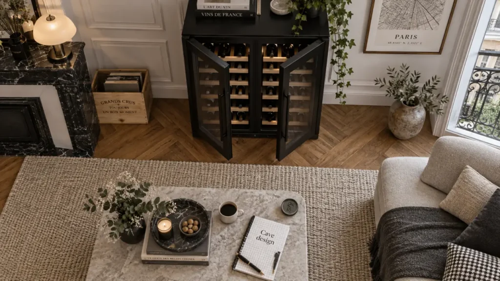Cave à vin design pour salon, noir mat, verre fumé, bouteilles alignées