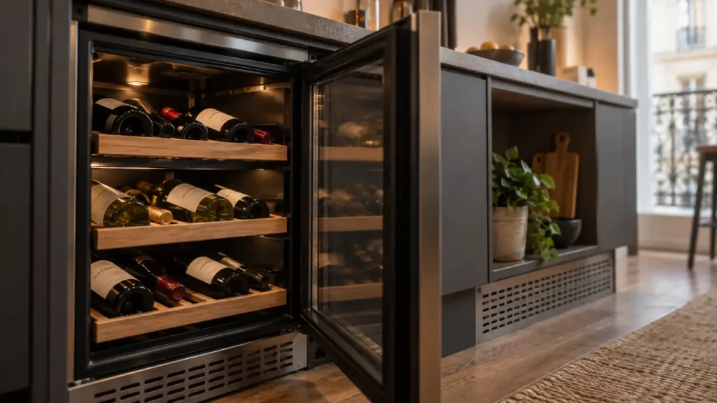 Cave à vin encastrable encastrée sous plan, niche et aération visibles
