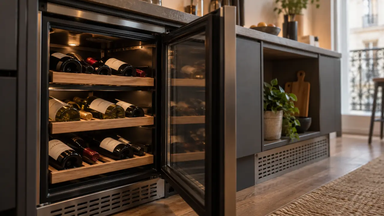 Cave à vin encastrable encastrée sous plan, niche et aération visibles