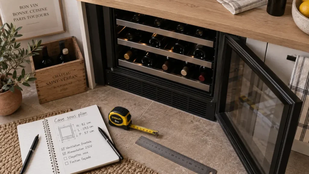 Cave à vin encastrable sous plan avec ventilation et dimensions