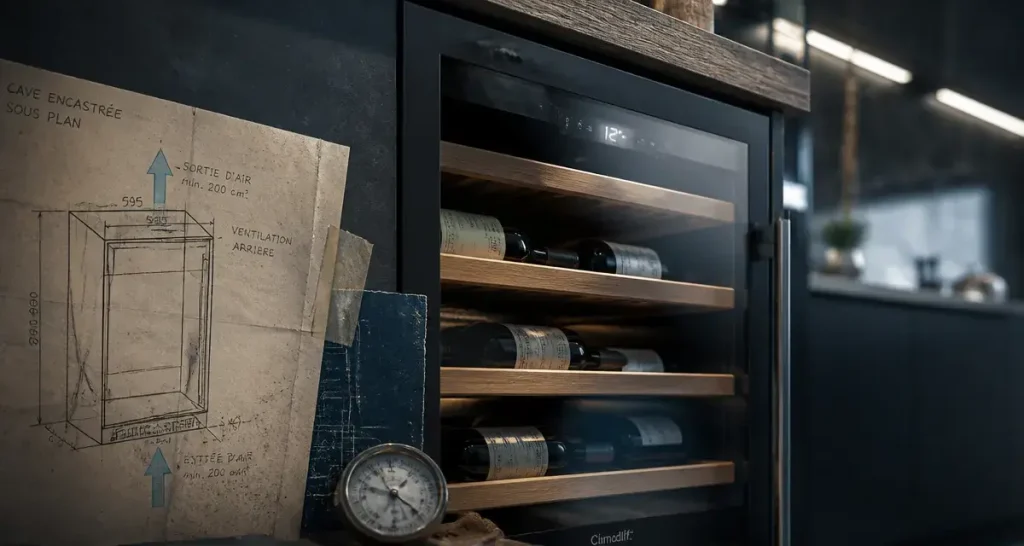 Cave à vin mini encastrée sous plan de travail, bouteilles et thermomètre