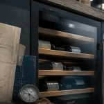 Cave à vin mini encastrée sous plan de travail, bouteilles et thermomètre