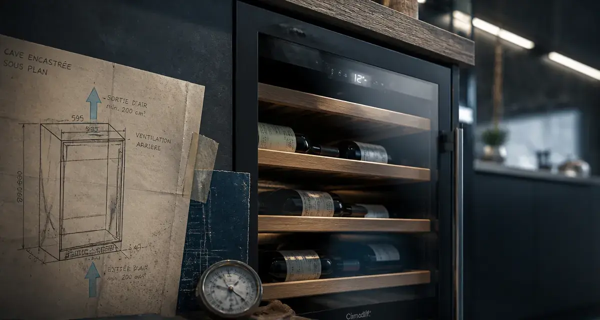 Cave à vin mini encastrée sous plan de travail, bouteilles et thermomètre