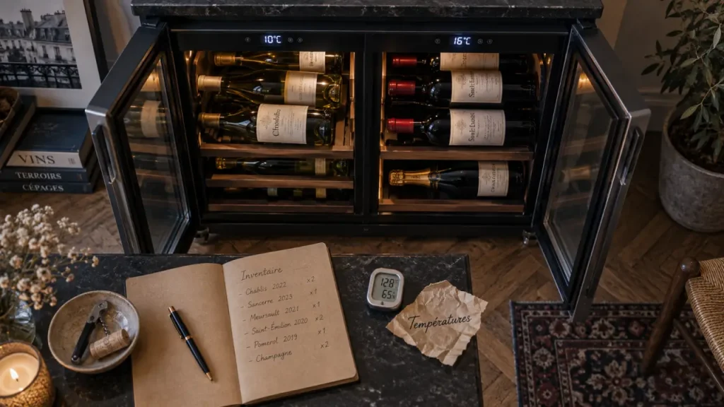 Cave à vin polyvalente à Paris : double zone compacte, bouteilles rangées