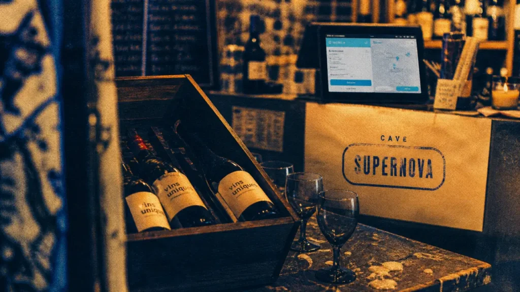 Cave Supernova : dégustation vin, verres et bouteilles