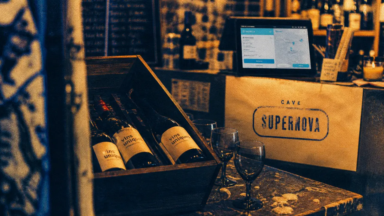 Cave Supernova : dégustation vin, verres et bouteilles